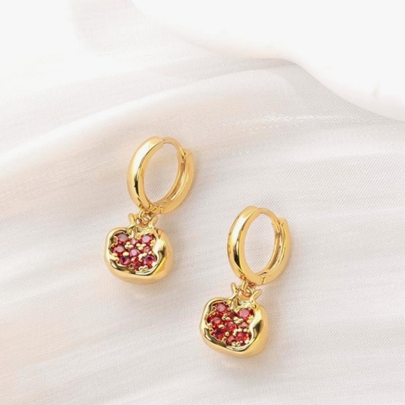 Gold dangle small Pomegranate Earrings - Picture 2 of 3